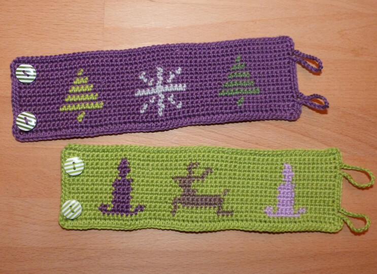 Häkelanleitung für Tassenwärmer mit 4 weihnachtlichen Motiven