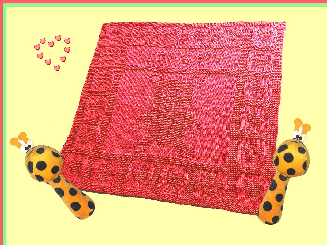 Babydecke Frühchendecke stricken I LOVE MY TEDDYBÄR Herz Küken Glücksklee - Bild 5