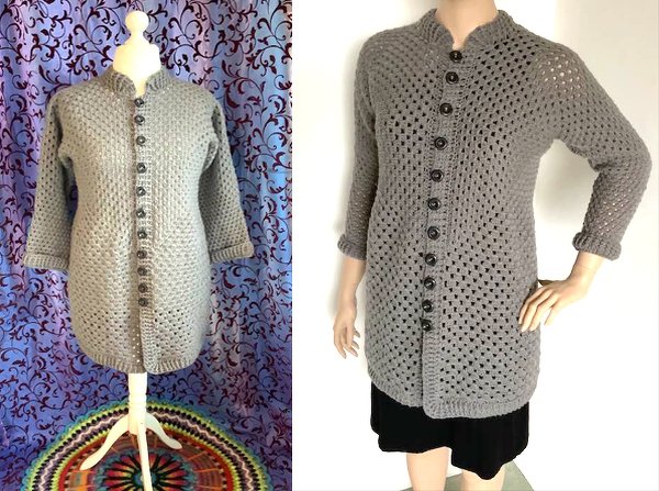 Gehäkelte graue lange Jacke mit Knopfleiste auf einer Schneiderpuppe