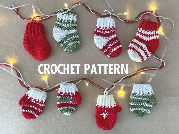 Christmas tree garland crochet pattern, baby socks mittens mantel decor