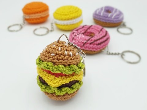 Schlüsselanhänger-SET Mini Hamburger, Macaron und Donut Häkelanleitung