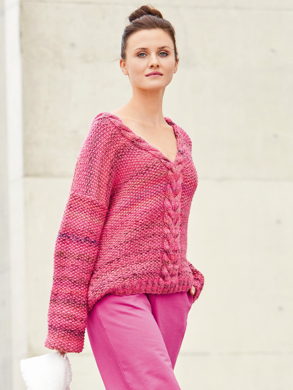 Pulli mit Perlmuster und Mittelzopf in Pink meliert