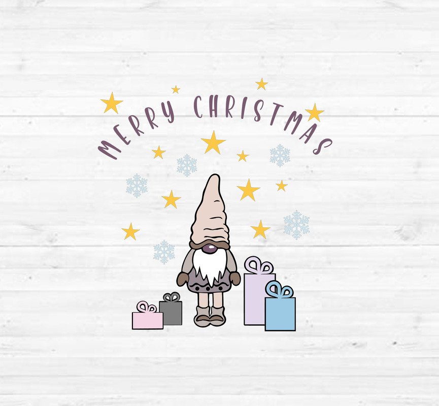 Weihnachtswichtel mit spitzer Mütze, Geschenken, gelben Sternen, Schneeflocken und dem Schriftzug 'Merry Christmas' auf hellem Holzgrund.