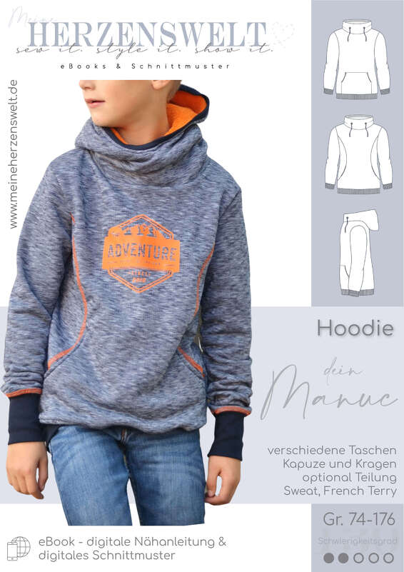 Hoodie Kinder – E-Book Schnittmuster Gr. 74-176 – dein Manuc #130
