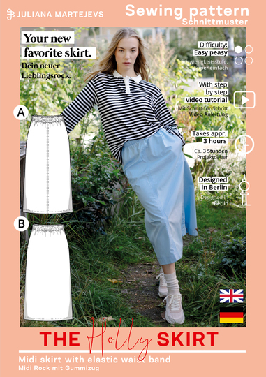 Sewing pattern skirt in midi length, XS-XXXL, Easy with video tutorial