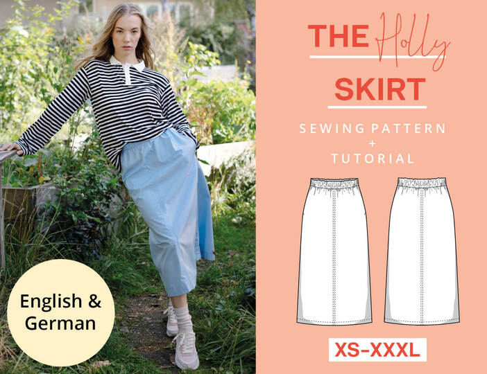 Sewing pattern skirt in midi length, XS-XXXL, Easy with video tutorial