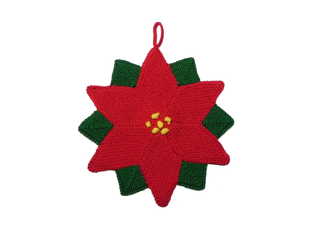 Sechszackiger roter gestrickter Topflappen in Poinsettien-Form mit grünen Blättern und Aufhängeöse