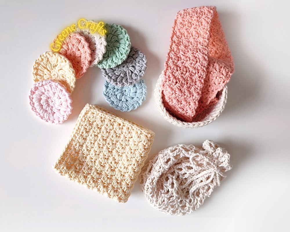 Face Scrubbies, Basket, Mesh Bag &amp; Washcloth Set - Spa Set Crochet Pattern