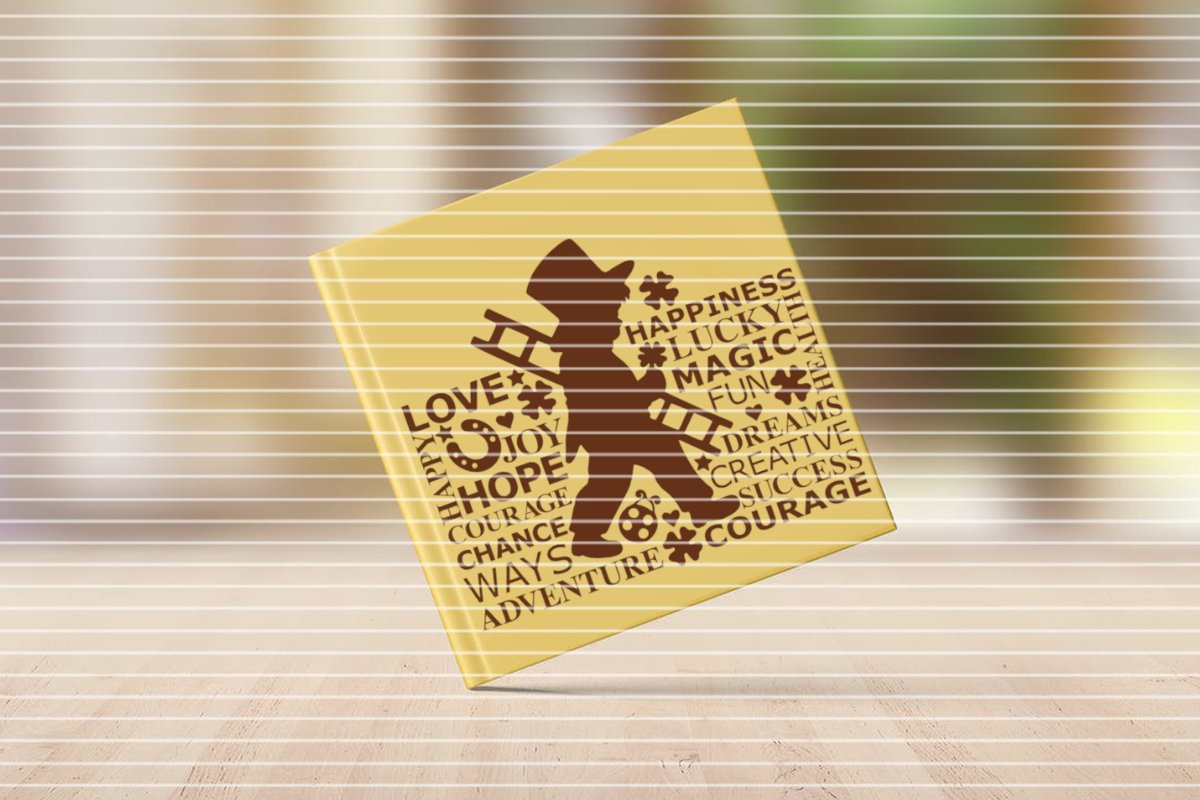 Braune Silhouette eines Schornsteinfegers mit Zylinderhut und Leiter, umgeben von Wörtern wie LOVE, JOY, HOPE, HAPPINESS, MAGIC, COURAGE, ADVENTURE auf hellem Grund.