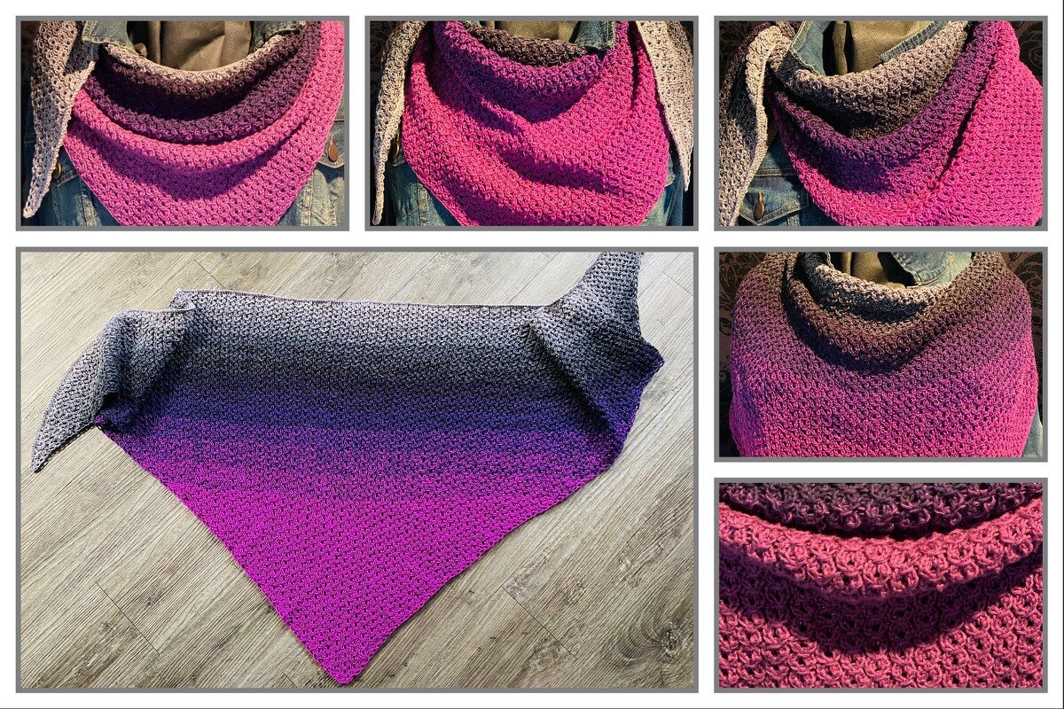 Gestricktes Dreieckstuch in Pink, Lila und Grau mit gleichmäßigem Maschenbild, getragen und flach ausgelegt