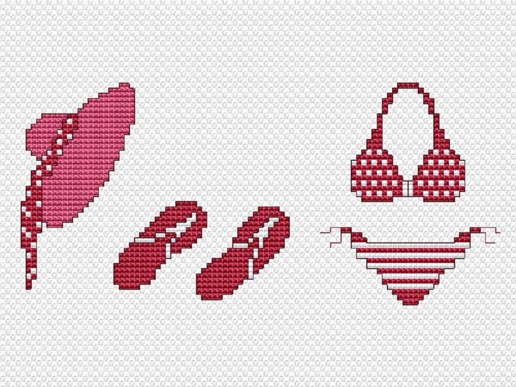 Kreuzstichvorlage Strandoutfit als PDF Download,Strohut,Bikini,Flipflops