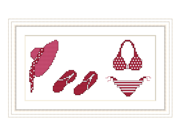 Kreuzstichvorlage Strandoutfit als PDF Download,Strohut,Bikini,Flipflops