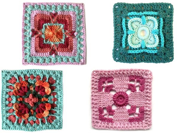 Vier bunte gehäkelte Granny Squares mit unterschiedlichen Mustern in Pink, Türkis, Rot und Grün auf weißem Hintergrund.
