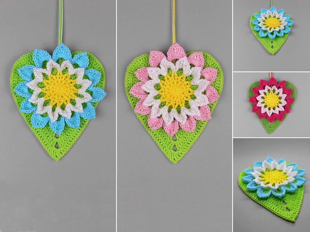 Dekohänger Große Blume mit Herzblatt - aus Wollresten