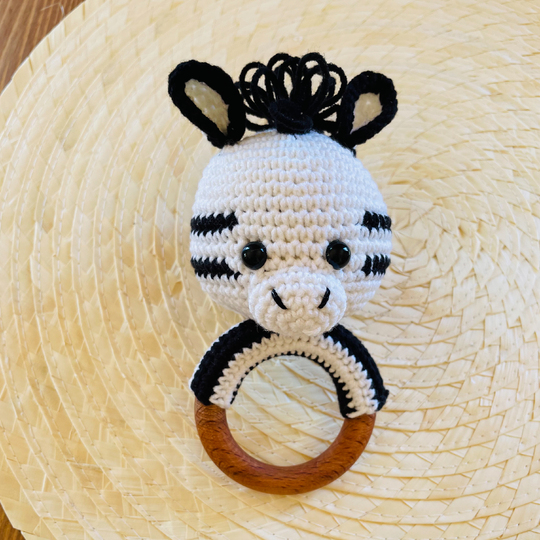 Crochet baby zebra rattle amigurumi pattern, baby toy with teether ring
