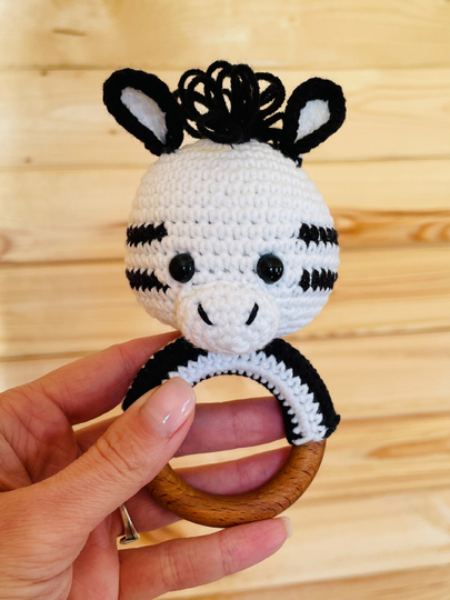 Crochet baby zebra rattle amigurumi pattern, baby toy with teether ring
