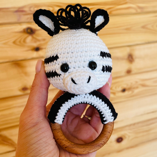Crochet baby zebra rattle amigurumi pattern, baby toy with teether ring