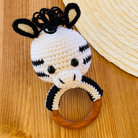 Crochet baby zebra rattle amigurumi pattern, baby toy with teether ring