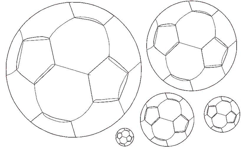 Fünf schwarz-weiße Umrissvorlagen von Fußbällen in verschiedenen Größen