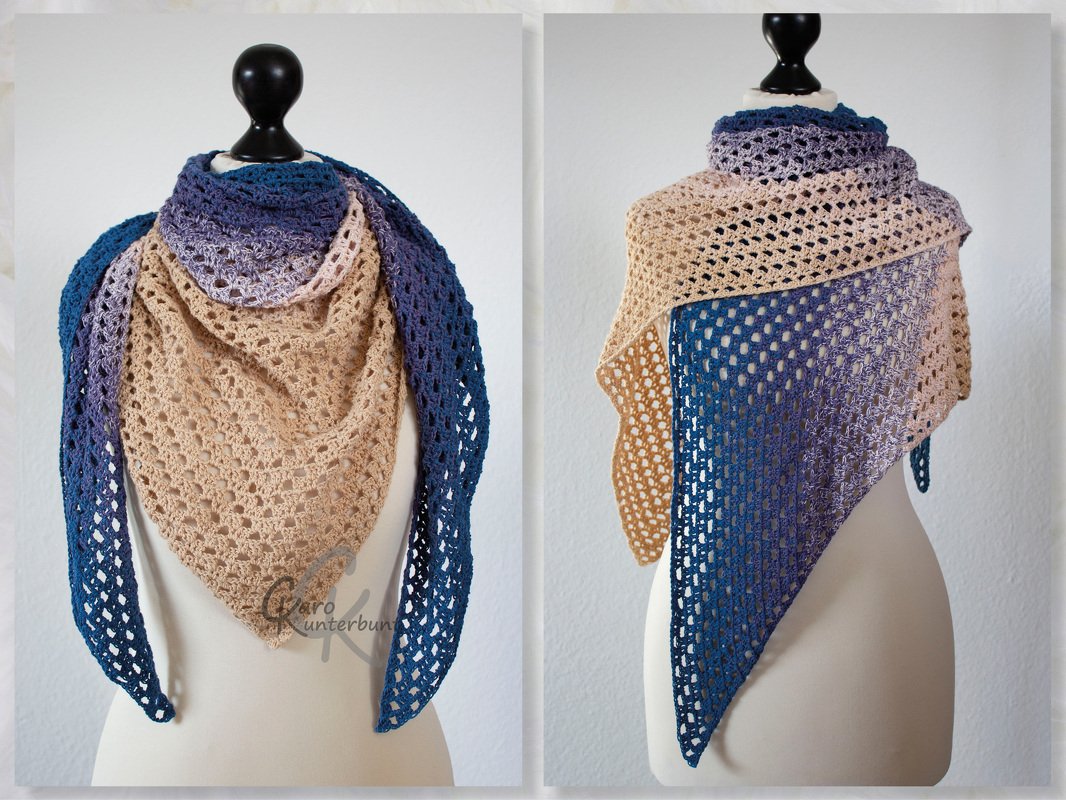 Gehäkeltes Dreieckstuch Farbverlauf Beige Lila Blau auf Schneiderbüste