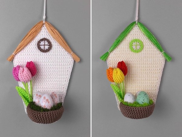Frühlings-Dekohänger Haus mit Nest - sehr einfach aus Wollresten