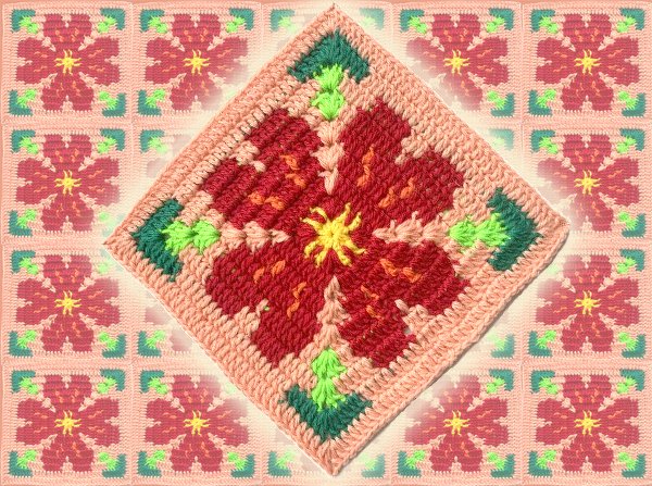 Wiederholbares Häkelquadrat mit roter Blume, grünen Eckmotiven und heller Umrandung