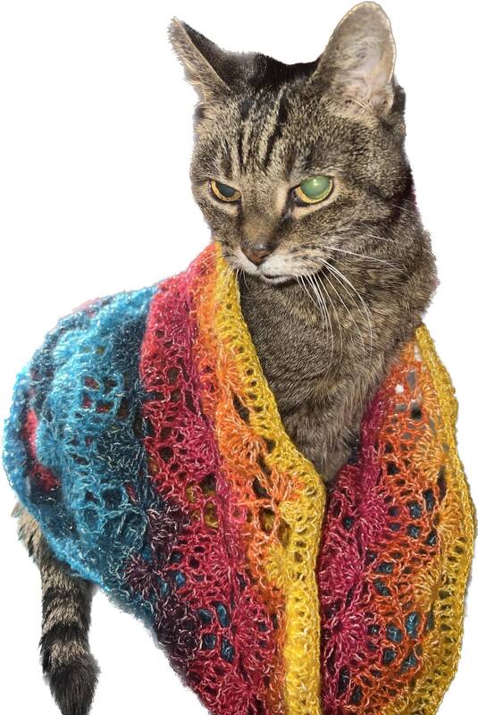 Getigerte Katze mit mehrfarbigem, offenem Häkelschal in Regenbogenfarben.