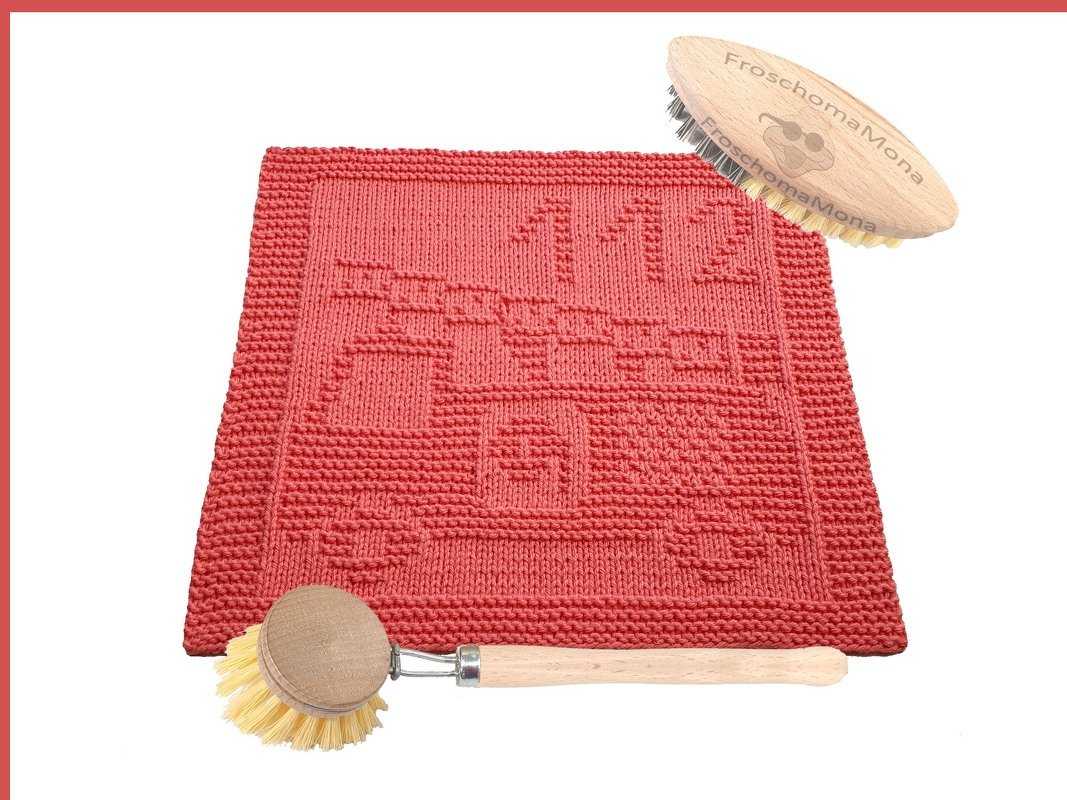 Strickmotiv „ Feuerwehrauto 112 “ Deckchen Spüli Waschlappen Anleitung
