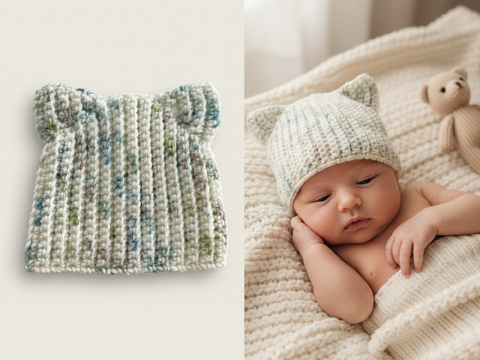 Crochet baby cat ear hat pattern PDF, Ribbed beanie, newborn to 24 months