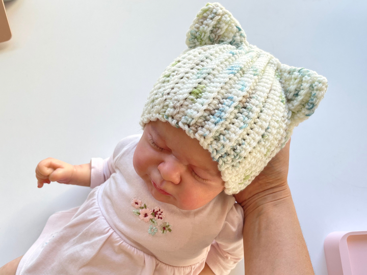 Crochet baby cat ear hat pattern PDF, Ribbed beanie, newborn to 24 months