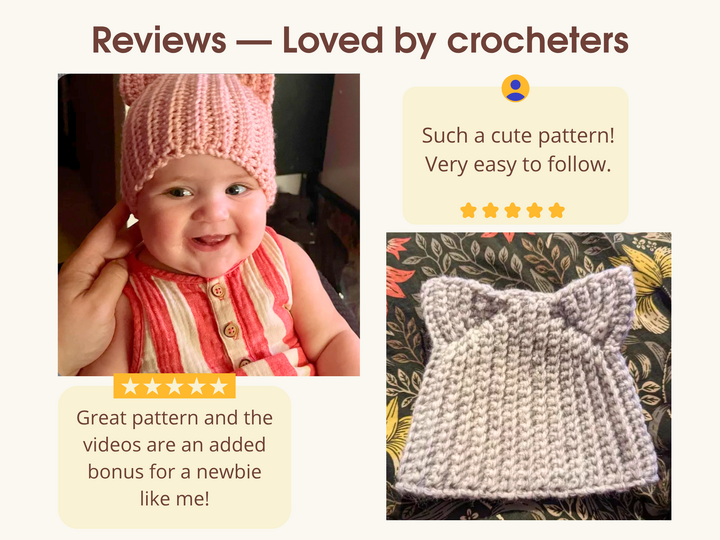 Crochet baby cat ear hat pattern PDF, Ribbed beanie, newborn to 24 months
