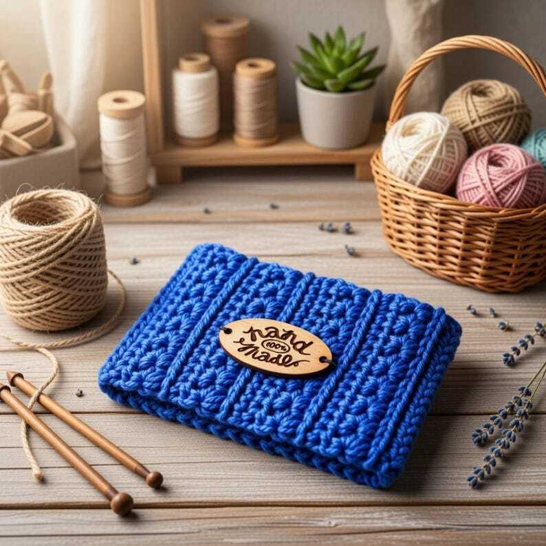 Blue crocheted pouch with a wooden 'hand made' tag on a wooden table, surrounded by yarn, twine, and knitting needles.