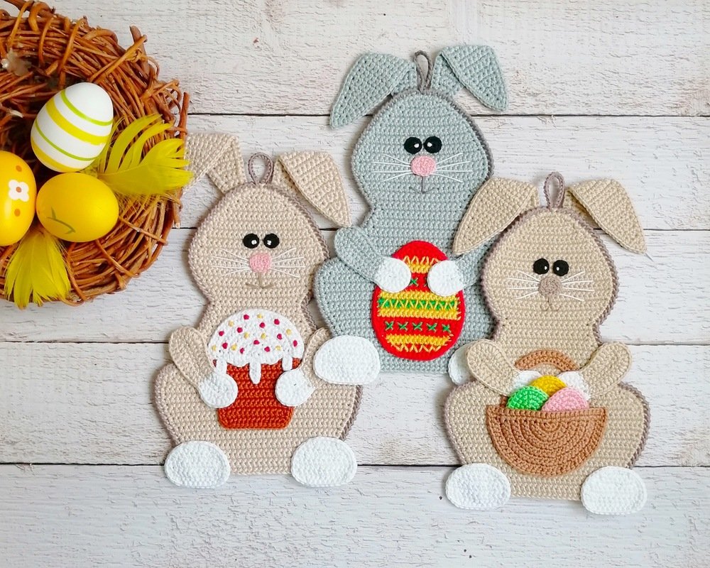 329 Crochet Pattern - Rabbit with muffin, basket, egg and bows. Decor - Image 5
