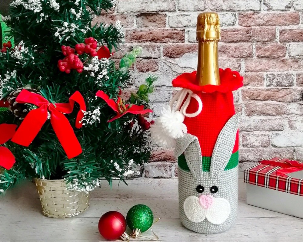 330 Crochet Pattern - Cat and Rabbit Bottle cover or sleeve for wine - Image 6