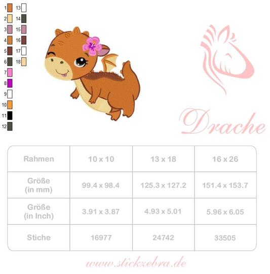 Süßer Drache mit Blume, Stickdatei für Kinder von Stickzebra