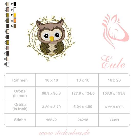 Süße Waldeule, Eule mit Rahmen Stickdatei von Stickzebra