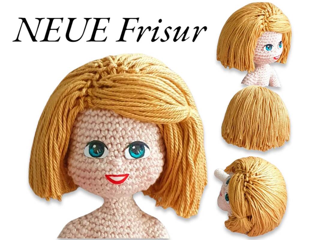 Blonde crocheted bob wig for amigurumi doll shown from front, back, and side views.