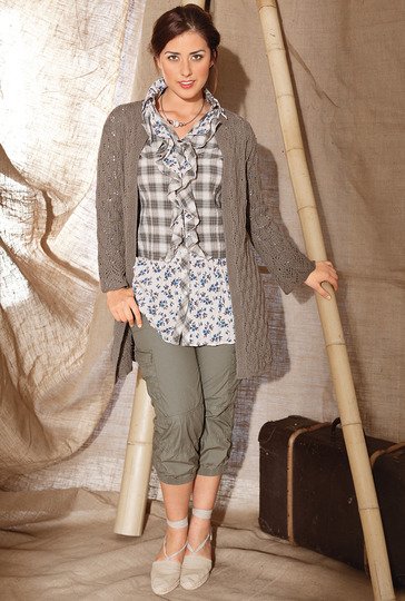 Verschlusslose Jacke mit Ajourmuster in Graubraun