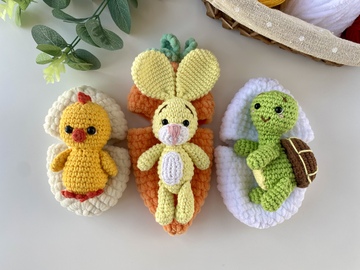 Crochet pattern Easter Bunny in carrot, chick and Turtle in egg - Amigurumi