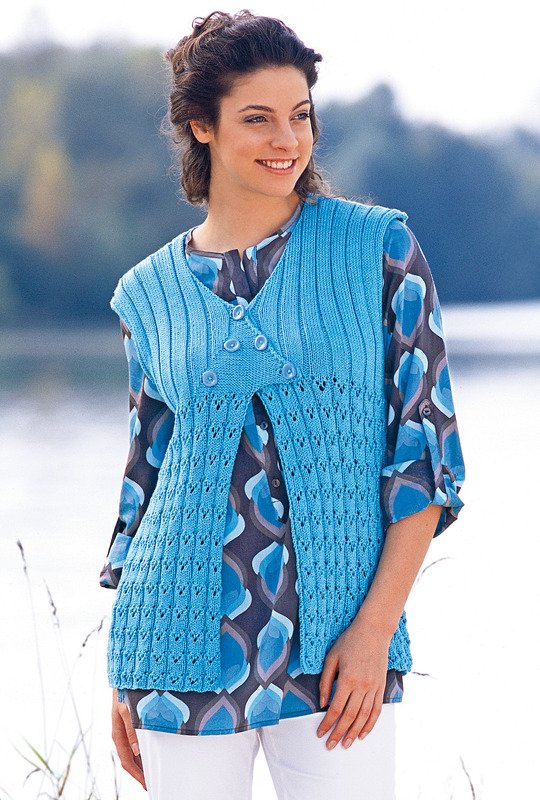 Türkisfarbene Weste mit Ajourmuster und Rippen - Bild 3