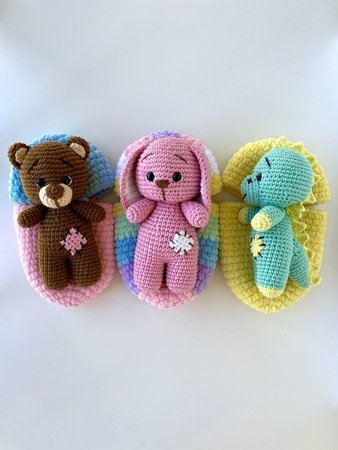 Crochet pattern Bunny, Bear and dino in egg - Amigurumi plush pattern