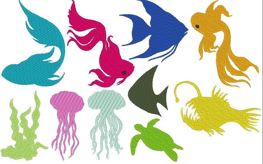 Meerestiere Silhouette Stickdatei mit Fisch Qualle Seepferdchen Seestern