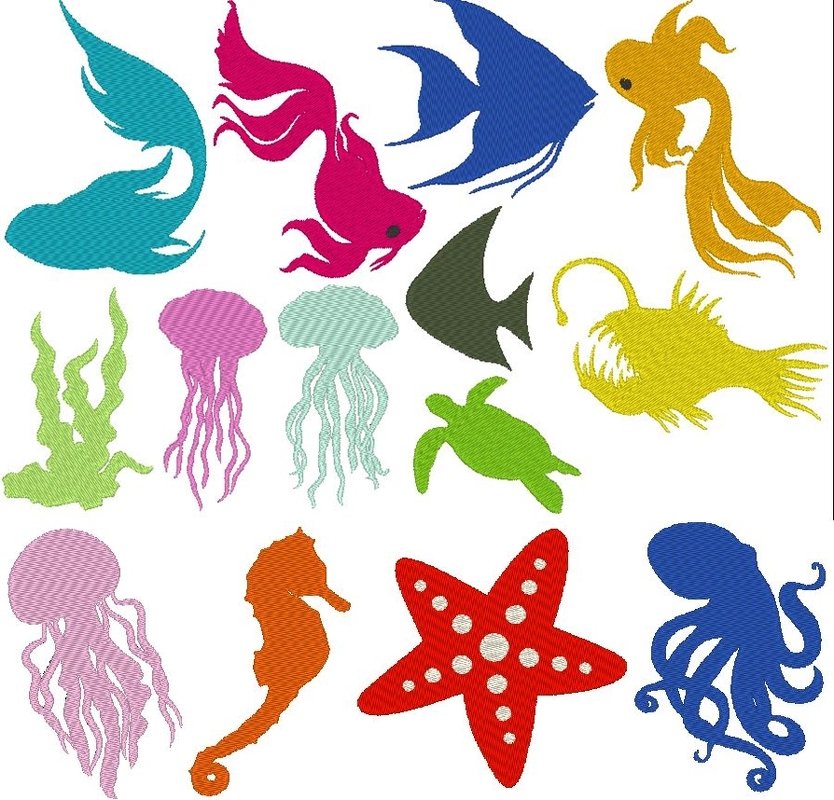 Meerestiere Silhouette Stickdatei mit Fisch Qualle Seepferdchen Seestern - Bild 6