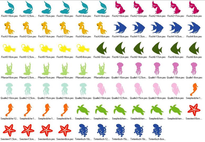 Meerestiere Silhouette Stickdatei mit Fisch Qualle Seepferdchen Seestern