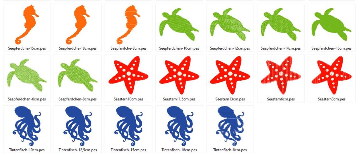 Meerestiere Silhouette Stickdatei mit Fisch Qualle Seepferdchen Seestern