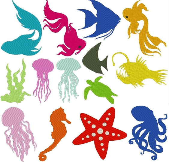 Meerestiere Silhouette Stickdatei mit Fisch Qualle Seepferdchen Seestern