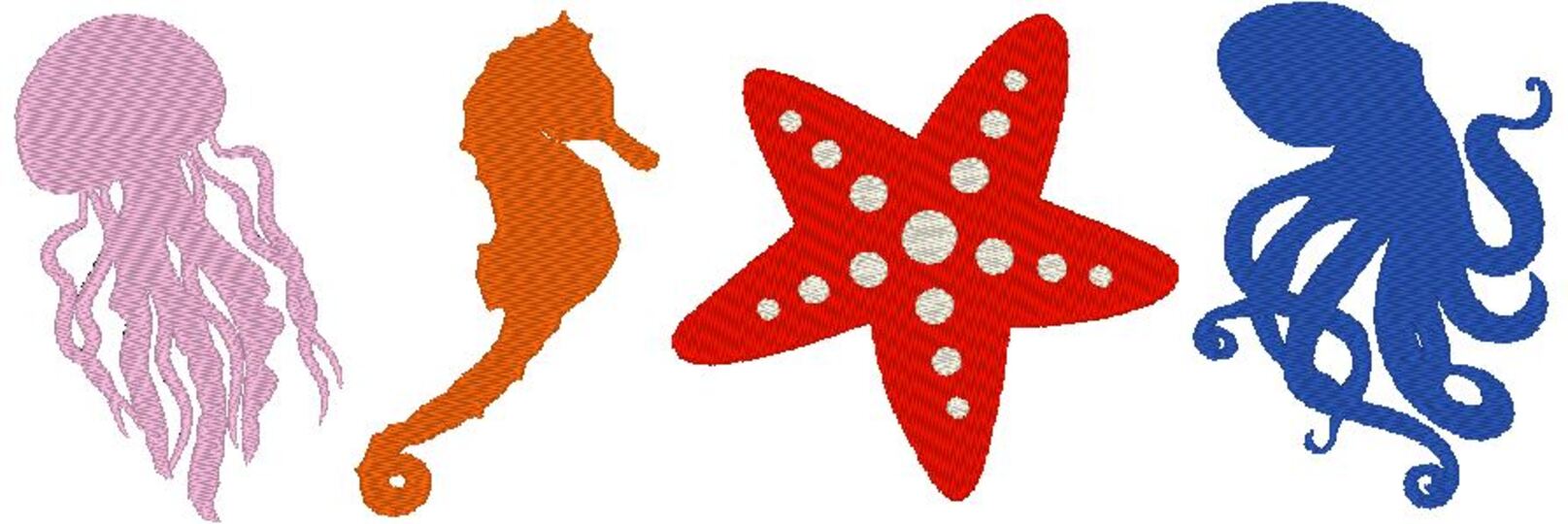 Meerestiere Silhouette Stickdatei mit Fisch Qualle Seepferdchen Seestern