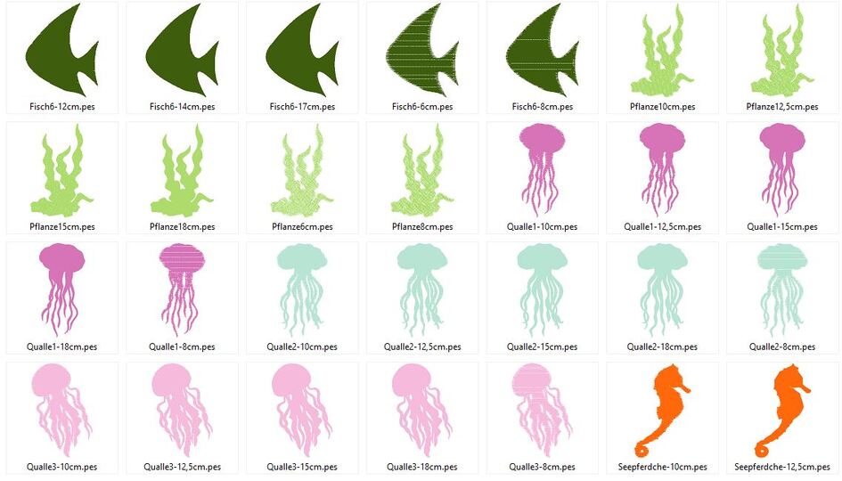 Meerestiere Silhouette Stickdatei mit Fisch Qualle Seepferdchen Seestern