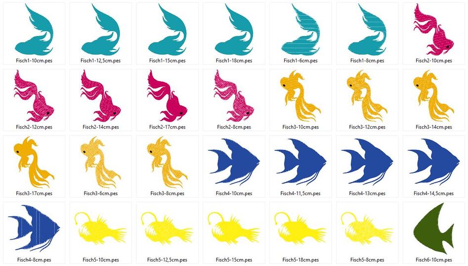 Meerestiere Silhouette Stickdatei mit Fisch Qualle Seepferdchen Seestern