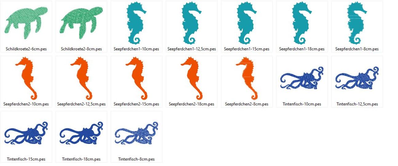 Meerestiere Silhouette 2 Stickdatei  Fisch Qualle Seepferdchen Schildkröte